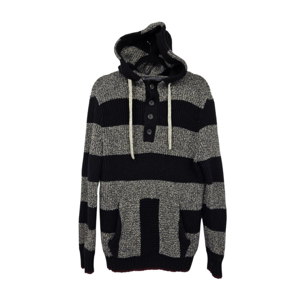 Vintage 90s Y2K American Eagle Striped Hoodie Sweater Mens M Black Gray Chunky